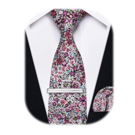 YourTies Purple Pink Floral Tie for Men 2.5" Printed Cotton Skinny Necktie Pocket Square Tie Clip Set Flower Wedding Groom