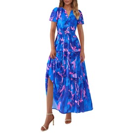 PRETTYGARDEN Women's Summer Boho Maxi Dresses Floral Short Sleeve V Neck A Line Tiered Ruffle Flowy Long Beach Vacation Dress (Royal Blue,Medium)