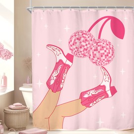KOMLLEX Disco Cowgirl Shower Curtain Cherry Western Preppy American Modern Cute Checkered Boots Aesthetic Teen Girls Fabric Waterproof Polyester 12 Pack Hooks Pink 60Wx72H Inches Bathroom Decor