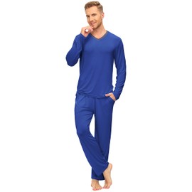 JINSHI Men's Soft Cosy Pyjamas PJ Set Full Length Sleeve Tops & Bottom Nightwear Loungewear Sleepwear Pajamas Set Blue Size L