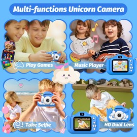 Unicorn Kids’ Camera, Christmas, Birthday Gifts for Boys Age 3-12, 1080P HD Selfie Digital Video Camera, Cute Little Girls’ and Boys’ Gifts/Toys for 3-9 Years