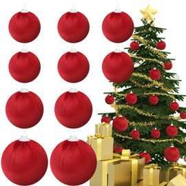 Gresorth 10pcs Red Xmas Flocked Fabric Wrapped Ball Decoration Crafted Lightweight Velvet Hanging Ornament Handmade Outdoor Pendant Display