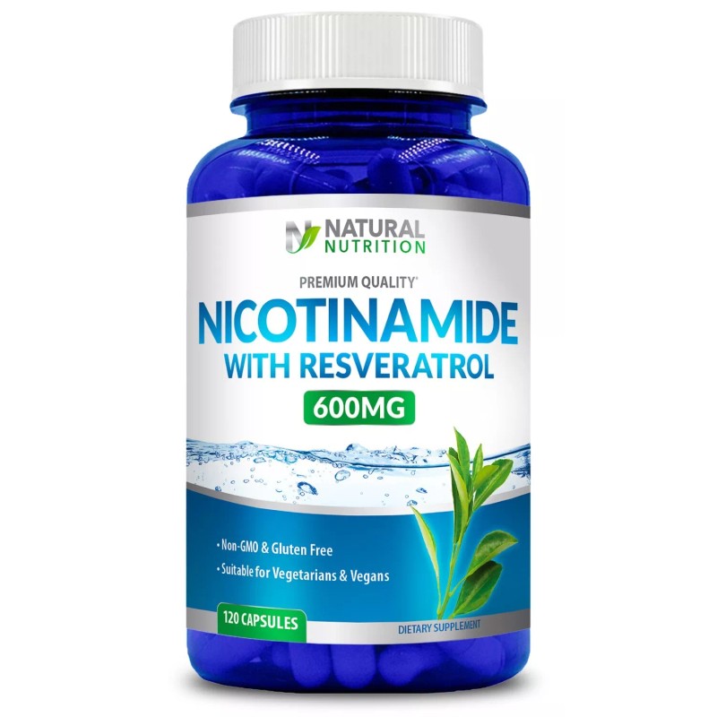 Natural Vitamin Nicotinamide 500mg with 100mg Resveratrol, Vitamin B3, Anti-Aging,