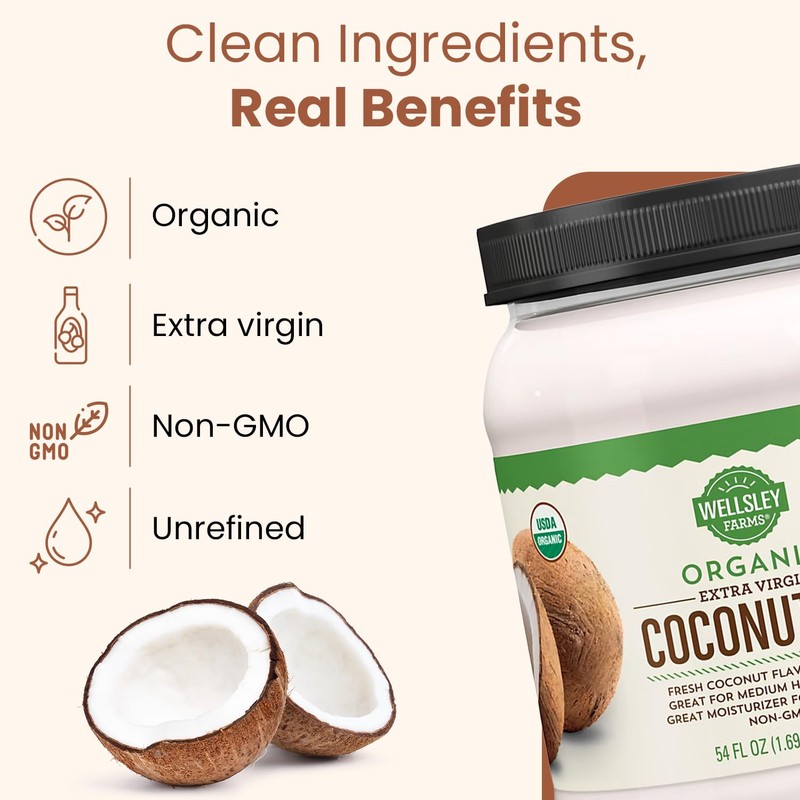 Wellsley Farms Organic Extra Virgin Coconut Oil - Unrefined, 100%