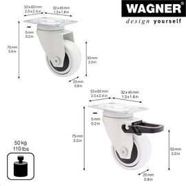 WAGNER Design 3C 02225104 Swivel Castors 4-Piece White Soft Tread Diameter 50 mm Height 75 mm 2 Wheels Without 2 with Locking Ball Bearings Plate 50 x 60 mm Load Capacity 50 kg/Roll