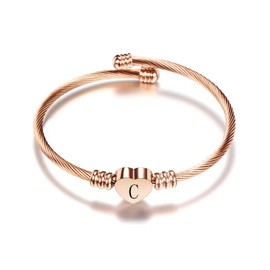 KunBead Initial C Letter Bracelets Heart Charm Rose Gold Alphabet Bangle Cuff Wristband Bracelets Expandable Stainless Steel Bracelets for Women