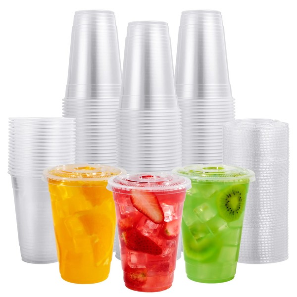 FOCUSLINE 200 PACK 16oz Clear Plastic Cups with Lids, Disposable Cold Drinking Cups, 16 Ounce Large Clear Cups with Flat Lids with Holes for Smoothie, Milkshake, Bubble Tea, Parfait
