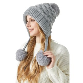 KEOYA Women's Fleece Lined Hat Windproof Full Hood Ear Flap Hats Thermal Warm Ski Beanie One-Piece Slouchy Cap with Drawstring Grey M