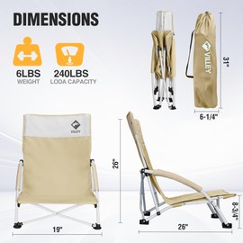 VILLEY Beach Camping Chair, Low Sling Outdoor Portable Lightweight Chair, Cross-Legged Low Chair, Foldable Easy Chair with Carry Bag, for Hiking, Fishing, Climbing, Garden, Sports Events, Khaki