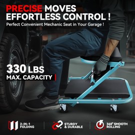 Auto Dynasty 40" Z-Creeper Seat, 2-in-1 Foldable Garage Creeper Shop Seat, 330 LBS Capacity Automotive Mechanic Repair Under Car Rolling Creeper Seat, Sky Blue