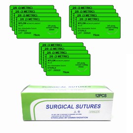 HTI 12/PK Training Suture Thread Teaching Individual Package Nylon Suturing Thread Set with Curved Needle (2/0)