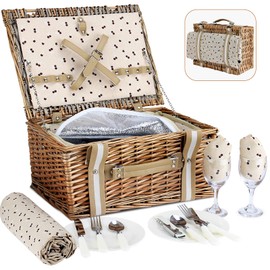 Willow Picnic Basket Set for 2 Persons with Large Insulated Cooler Bag and Waterproof Picnic Blanket, Wicker Picnic Hamper for Camping,Outdoor,Birthday