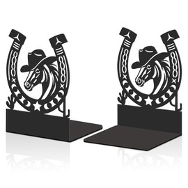Hobbspring Pack of 2 Horseshoe Decorative Metal Bookends for Heavy Books Black Robust Bookshelf Holder Larger Bookends Used on Desk for Office Home or School