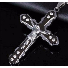 Fashion Jewelry large 3D BLACK CROSS JESUS CRYSTAL  pendant 22" 925 Sterling Silver Necklace Men