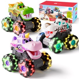 HOLA 3 Pack Friction Monster Truck Toys for 1 Year Old Boys & Girls, Push & Go Light Up Cars with Color Changing LED Wheels, Toys for Toddlers 1-5 Boys Girls Christmas Birthday Gifts