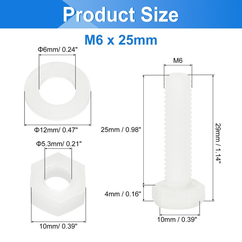 sourcing map 300 Pcs/100 Sets Nylon Hex Bolts, M6 x