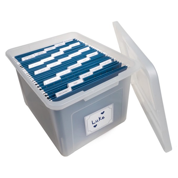 Kid's Craft Memory Keepsake Organizer Box - Clear Storage Latching Bin with Hanging File Folders and Custom Tab Inserts (Navy)