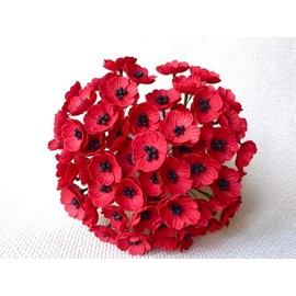 Thai Decorated 50 Pcs Red Poppy Paper Flowers Size 3 cm, Mulberry Paper Flower, Red Paper Flowers, Mini Paper Flowers, DIY Veterans Day, Artificial Poppy Paper Flowers with Stem Long 8 cm.