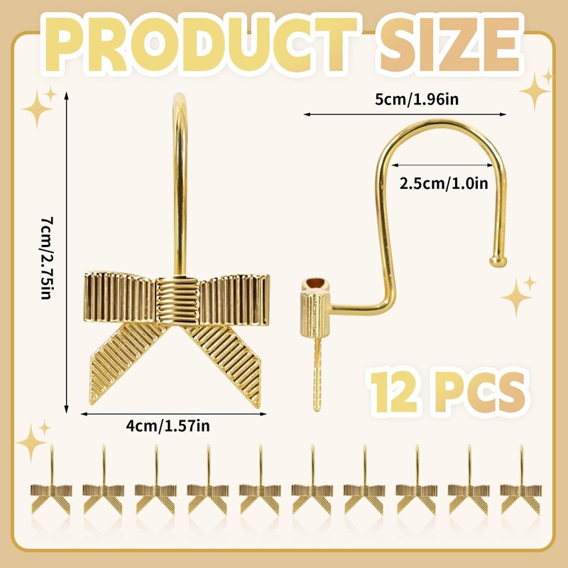 CTOHN 12-Piece Gold Bow Shower Curtain Hooks, Cute Metal Bows