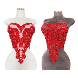 Handmade Beaded Appliques and Patches with Crystals Rhinestones Sew on Lace Sewing Accessories for Wedding Prom Crafts DIY Dresses Gowns Decoration (Red)