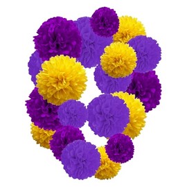 Purple and Yellow Paper Pom Poms,10",12" Tissue Pom Poms for Party Hanging Decorations - 12 PCS