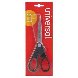 Universal Products - Universal - Economy Scissors, 7" Length, Straight Handle, Stainless Steel, Black - Sold As 1 Each - For office environments. - Tough, stainless steel cutting blades. - Cuts through a variety of materials from paper to cardboard. - Fo