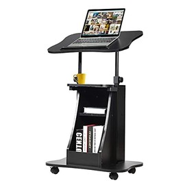 ReunionG Rolling Laptop Table Cart, Adjustable Height & Tiltable Desktop, Wooden Computer Table on Swivel Wheels w/Open Storage, Sit-to-Stand Podium Stand for Home, Office, Studio (1)