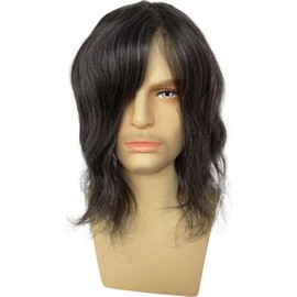 Kikzok Dreambeauty 12inch Long Human Hair Toupee for Men 10x8inch Thin Skin Full PU Base Men's Hairpiece Replacement System for Men Women (#1B Black Mixed 20% Grey Synthetic Hair)