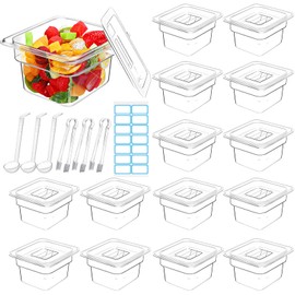Suttmin 15 Pcs Plastic Clear Food Pan Set, 1/6 Size Clear Food Pan with Lid, Tongs, Spoons, Stickers Stackable Food Storage Container Restaurant Hotel Commercial Pan for Fruit Vegetable (4 Inch Deep)