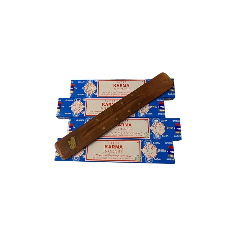 Satya Incense Sticks, 4 Packs x 15g, with Incense Holder,