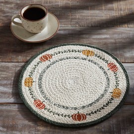 VHC Brands Braided Cotton Pumpkin Bounty Stencil Trivet 12, Decorative Fall Pot Holder, Hot Pad, Kitchen Table Decor for Fall and Thanksgiving