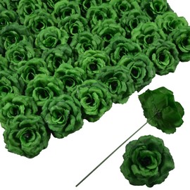 Rose Head Flowers with Stem,50 Dark Green Artificial Flowers,Used for Wedding Decoration DIY Handmade Flowers Silk Fake Rose 3 Inches and 6 Inches Stem Decorations