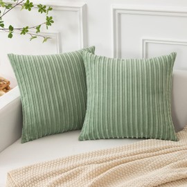 Kevin Textile Set of 2, Corduroy Throw Pillow Cover, 22x22 Inch, Spring Sage Green Pillow Covers, Machine Washable Pillowcase with Stripes Pattern, Solid Color Cushion Cases for Bedroom