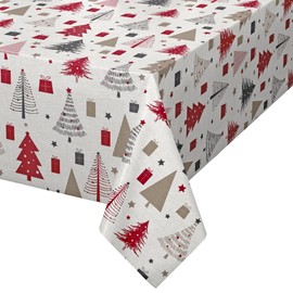 QPC Direct Christmas Red Gold Trees To fit up to a 6 Seater Size, Vinyl Pvc Tablecloth 2 metres (200x137cm) Wipe Clean Textile Backed Plastic Rectangle Table Cloth