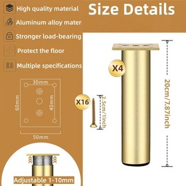 4 Pcs Furniture Legs, 200mm Adjustable Furniture Support Feet, Furniture Legs Cabinet Feet Aluminum Alloy Kitchen Feet, for Cabinet Furniture, Office Furniture, Sofa, Metalli (Golden - 20cm)