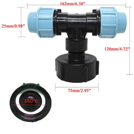 TOP-VIGOR IBC Tank Adapter s60x6 Thread Connector Tee Pipe Fitting for Mdpe Water Pipe Fitting Tee Outlet 25mm