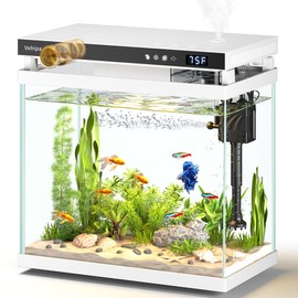 Vehipa Fish Tank Aquarium, 2.2 Gallon Smart Fish Aquarium Kits with Auto Feeder, Silent Water Pump, Temperature Display, Smart Humidifier & 7-Color Lighting, for Office & Home - White
