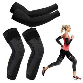 Sports Arm Warmers Children, Breathable Arm Warmers Summer, UV Sun Protection Compression Arm Warmers, Knee Brace Sports Bandage Men Women Long Legs Design Supportive Breathable 1 Pair Black