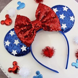 4th of July Headbands Mouse Ears Sequin Hair Headband Red White Blue Designs Mouse Ear Bow Hair Accessories Independence Day Patriotic Hair Bands Themed Party Glitter Hairs Decorations for Women, 1Pcs