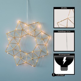 EGLO LED Window Light Wreath Edge, Metal Window Light in Brass, Christmas Wreath Star with Cable, Illuminated Window Decoration, Warm White, Diameter 40 cm