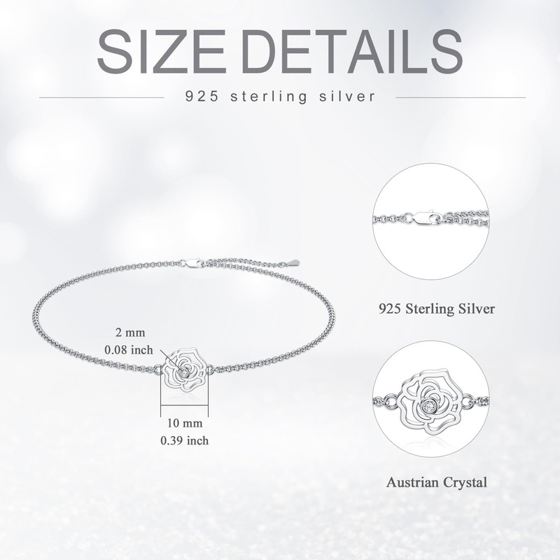 Rose Flower Ankle Bracelet for Women, 925 Sterling Silver Charm
