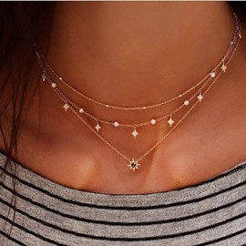 Doubnine Sun Star Dainty Gold Choker Multilayer Necklace Crysral Boho Charm Necklace for Women