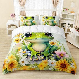 AILONEN Green Frog Duvet Cover Set Queen Size, Cute Cartoon Frog Bedding Set for Kids Boys Girls,Beautiful Sunflower Comforter Cover,Kawaii Tree Frog Duvet Cover,3 Pieces,1 Quilt Cover 2 Pillowcase