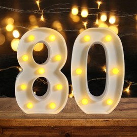 ZUOKEMY 80th Birthday Decoration LED Light up Numbers, Birthday Number Sign Light for Birthday Party Decoration Night Lit Anniversary Background Home Decoration Party (Number 80, White)
