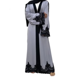 AFAVOM Turkey Abaya for Women Islamic Muslim Prayer Dress Long Sleeve Embroidered Open Front Cardigan Kaftan Ankle Length Dubai Robe Maxi Dress Casual Turkish Modest Dress with Belt Gray XL