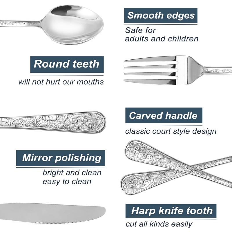 Runfly Vintage Carved Stainless Steel 20 Pieces Flatware Set, Silverware