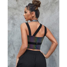 CYCLAMEN Women's Buckle Tank Tops Sleeveless Tube Crop Cami Tops Rave Gothic Punk Streetwear Shirt, Reflective Muticolor, M