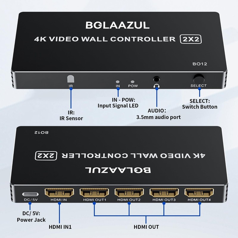 Video Wall Controller 2x2 4K, BolAAzuL HDMI Video Wall Processor