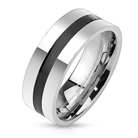 Autiga Ring, Stainless Steel, for Women and Men, High Gloss, Polished, Black Stripe Band, Silver-Coloured-Black, silver/black
