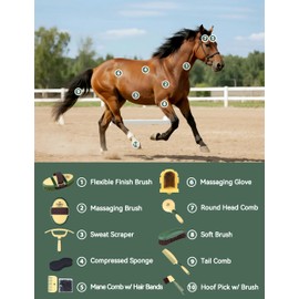 Furrishine 11PCS Horse Grooming Kit Curry Comb Sweat Scraper Horse Bathing Supplies Grooming Tools with Storage Bag Pasture Glow